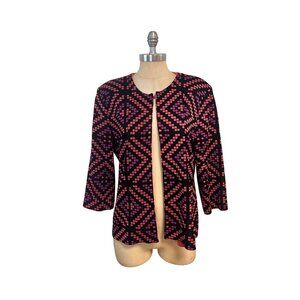 Misook Womens Geometric Patterned Open Front Knit Jacket Large Black/Pink
